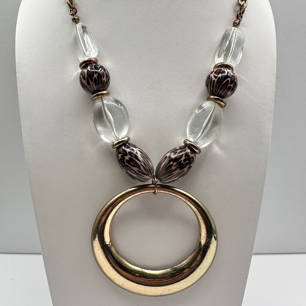 90s Vintage Gold Tone Statement Necklace with Clear Leopard Beads & Hoops